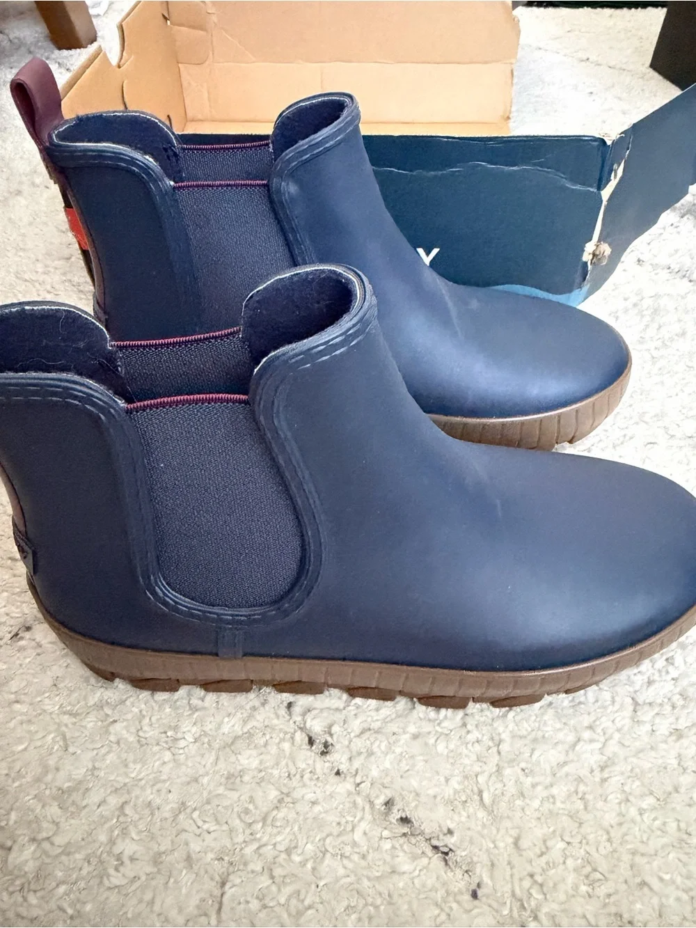 Navy Chelsea Rain Boots with Brown Sole